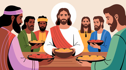 Last Supper illustration depicting individuals gathering to share a meal with haloed central figure
