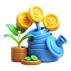 Photo of a watering can nurtures coin plants, symbolizing financial growth and investment success isolated on transparent background