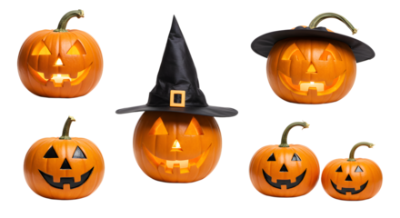A collection of creatively carved Halloween pumpkins wearing whimsical hats, set against a black background, ideal for festive decorations