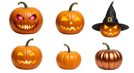 A collection of creatively carved Halloween pumpkins with various expressions, set against a transparent background