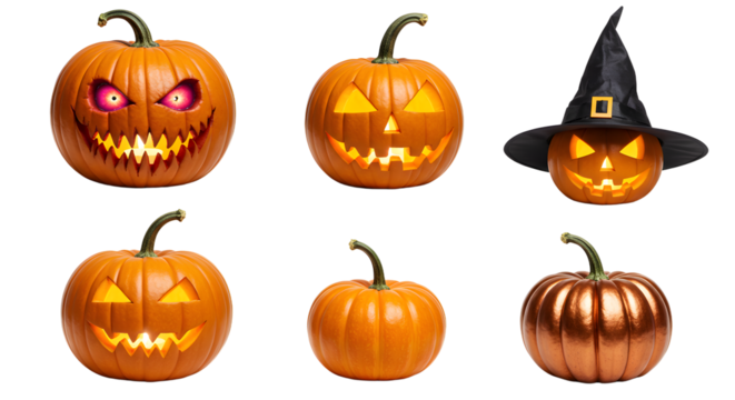 A collection of creatively carved Halloween pumpkins with various expressions, set against a transparent background