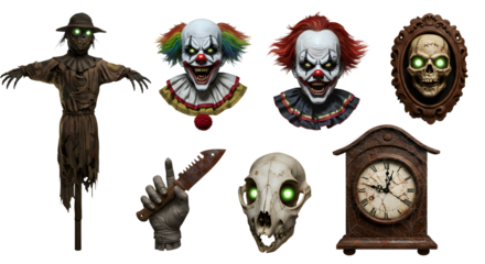A collection of eerie Halloween decorations featuring sinister clowns, a scarecrow, and haunting skulls in a spooky setting
