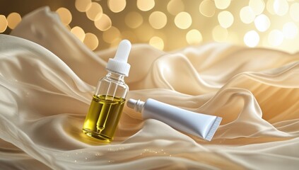 Naklejka premium Elegant skincare serum and cream on silky satin fabric with warm bokeh background, luxury beauty, skincare, cosmetics, spa, wellness, anti-aging