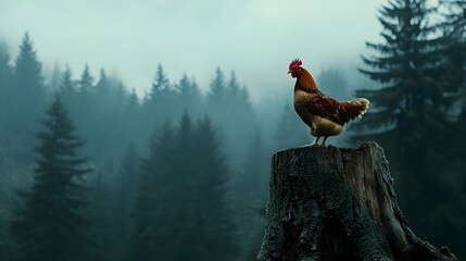 Chicken on Stump in Forest