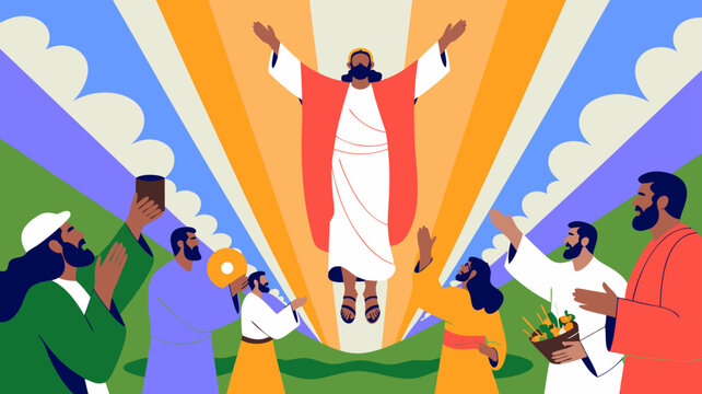 Ascension Illustration: Religious Depiction of Figures with Radiant Light and Divine Presence