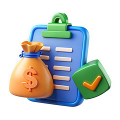 Photo of a money bag and checklist symbolize financial agreements and successful business investments isolated on transparent background
