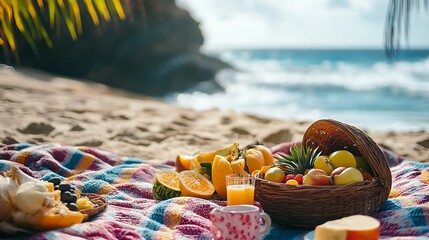 Beach Picnic with Fruit Basket and Ocean View on a Sunny Day