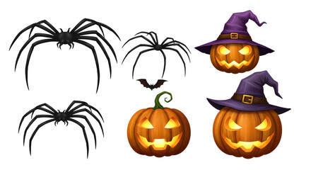 A collection of Halloween-themed illustrations featuring spooky spiders, a bat, and grinning jack-o'-lanterns with witch hats