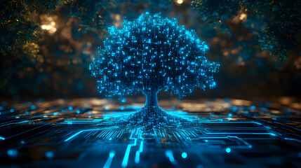 Futuristic illustration of a digital tree with glowing blue circuit branches symbolizing AI, data processing, and modern technology, set against a harmonic electronic board background with  40012223 1