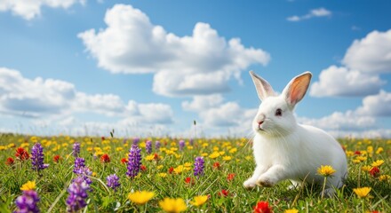 White rabbit running through colorful wildflower field under bright blue sky with fluffy clouds during sunny day in vibrant natural landscape setting