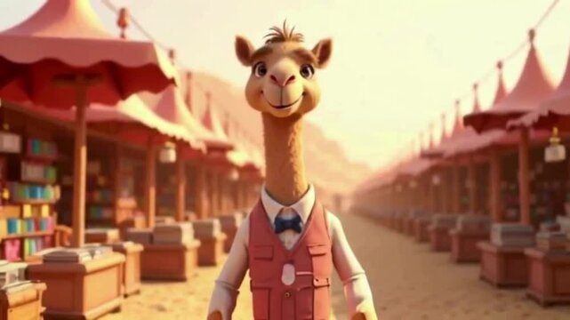 Adorable dromedary wearing a formal suit strolls through a bustling desert marketplace, tents lining the sandy path in a charming and whimsical scene under the desert sky.