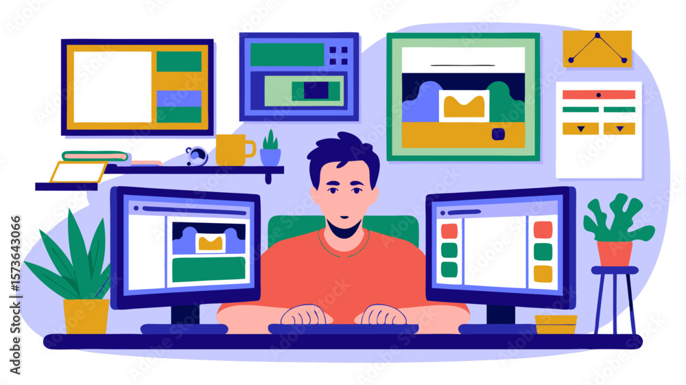 Aufkleber digital workspace representation of a person surrounded by screens and displaying interface elements