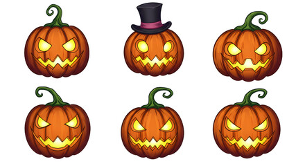 A collection of six spooky Halloween pumpkins with glowing eyes and menacing grins, set against a transparent background