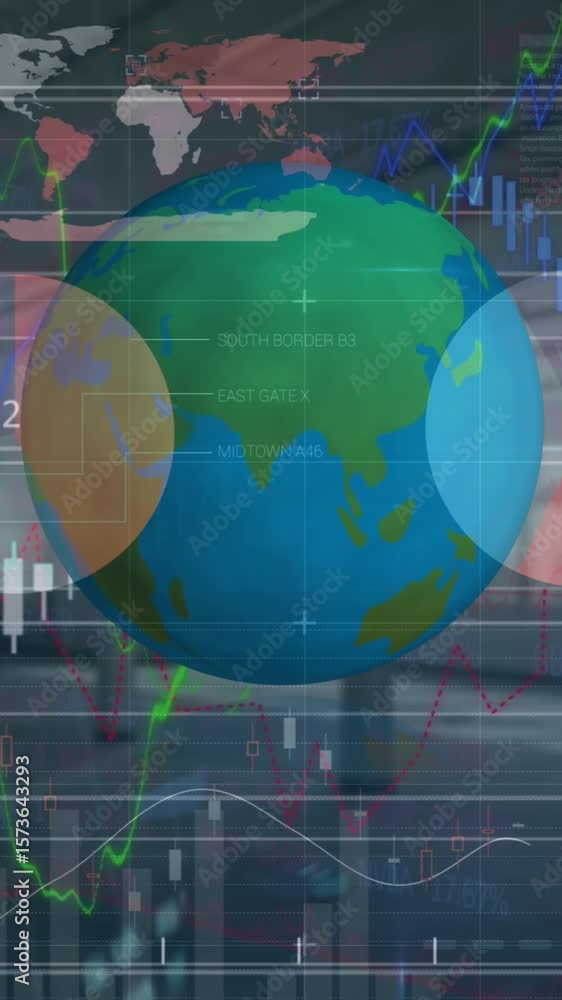 Poster animation of globe and graphs and financial data over office space