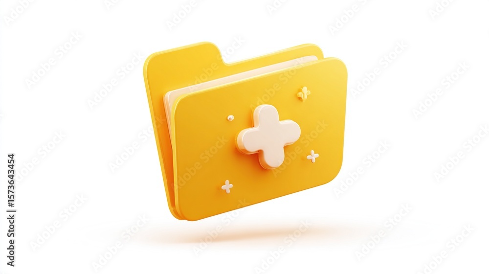 Fototapete a 3d rendered yellow folder icon with a raised, off-white plus symbol and small sparkles, isolated o
