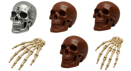 A collection of various skulls and a skeleton hand displayed against a plain background, ideal for Halloween decorations or educational purposes