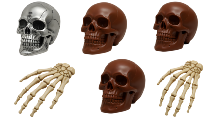 A collection of various skulls and a skeleton hand displayed against a plain background, ideal for Halloween decorations or educational purposes