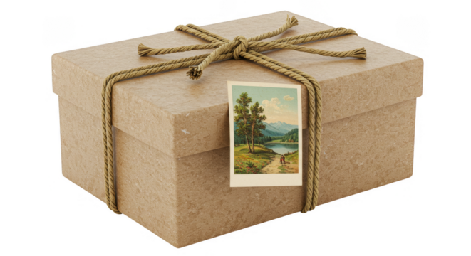 Isolated Shiny Golden Glitter Gift Box with Landscape Tag Decoration
