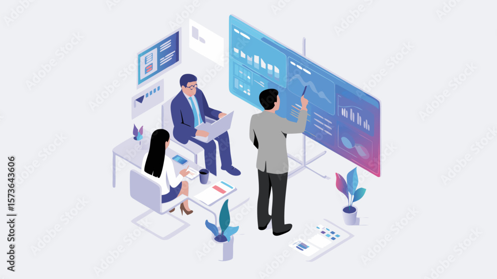 Aufkleber business team analyzing data at a presentation on a large screen for a meeting discussion session