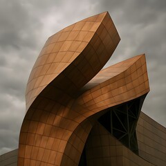 Twisted Copper Wings on the Façade of a Steel-Framed Museum Beneath Overcast Skies
