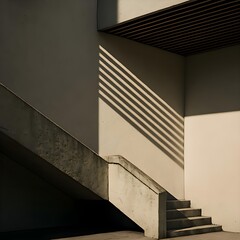 Outer Edge of a Minimalist Concrete Staircase with Diagonal Shadow Contrasts from Sun-Shading Slats