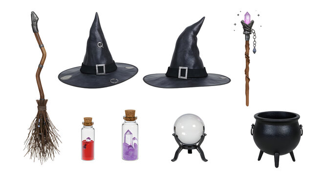 A collection of witchcraft items including hats, a broom, potions, a crystal ball, and a cauldron, set against a neutral background
