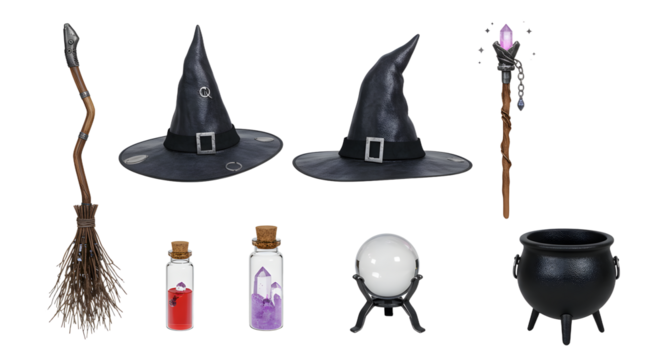 A collection of witchcraft items including hats, a broom, potions, a crystal ball, and a cauldron, set against a neutral background