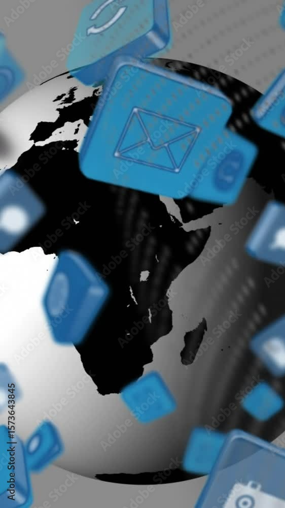 Poster animation of globe, world map and tech icons on tiles in grey space
