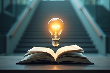 Book of knowledge lightbulb idea concept creative learning education inspiration study read open pages   