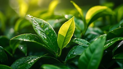 Close-up of Fresh Green Leaves with Water Droplets in Sunlight
