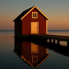 Scandinavian-Style Seaside Warehouse with Deep Red Paint Reflected in Still Water at Sunset