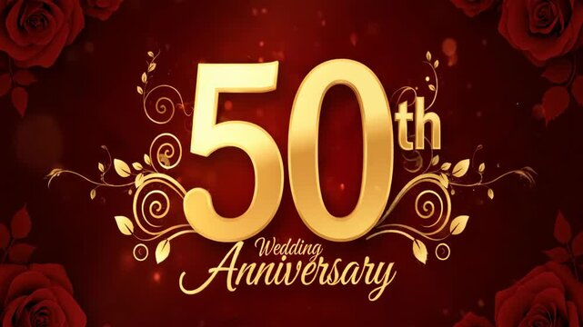 Gold Texture 50th Wedding Anniversary Text Motion With Romantic Red Purple Flower Shapes Glitter Dust And Artistic Golden Vine Flourish Frame Ornaments Animation
