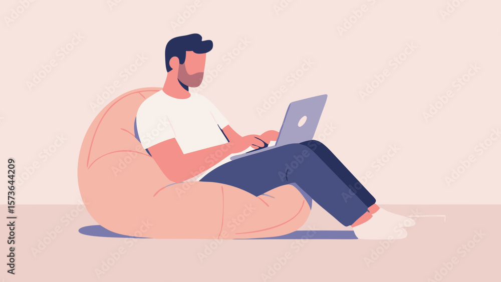 Poster man using laptop on a bean bag vector illustration for work from home concept