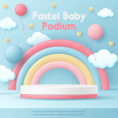 3D pastel baby podium stand with cute rainbow, balloon in blue background. Banner for children clothes toy shop, fashion discount promotion sale advertising, online store, kids product display, social