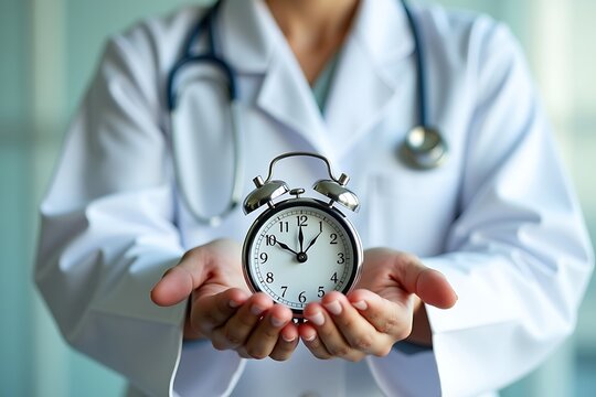 Doctor holding clock time management healthcare appointment schedule medical professional urgency wellness 