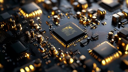 Close-up View of Detailed Circuit Board with Golden Highlights