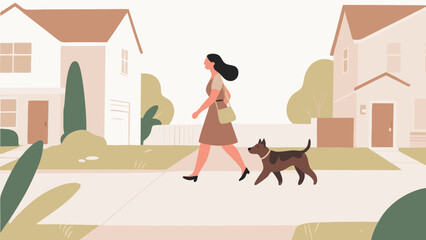 Woman walking dog in suburban neighborhood, vector illustration with houses in the background
