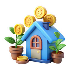 Photo of a small blue house with gold coins on the roof and plants growing, symbolizing financial growth isolated on transparent background