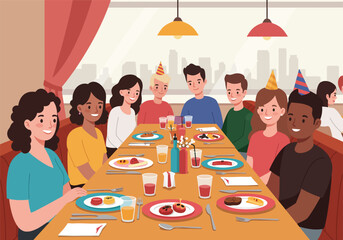 Group of Friends Enjoying a Meal Together at a Restaurant Smiling.