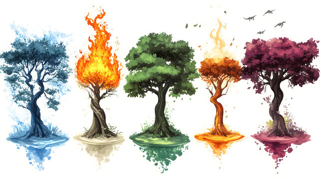 Illustration representing the five elements of nature&mdash;earth, water, fire, air, and space&mdash;in harmonious balance, focusing on the earth elemental with natural textures and balanced composition98806473 1