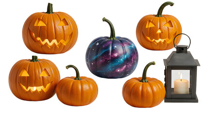 A festive Halloween scene featuring carved pumpkins with glowing faces, a decorative galaxy-painted pumpkin, and a lantern with a candle, set against a dark background