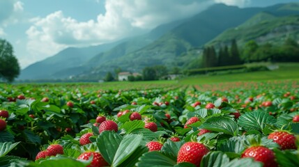 Strawberry field, ripe fruit foreground. Mountains and sky in background, daytime