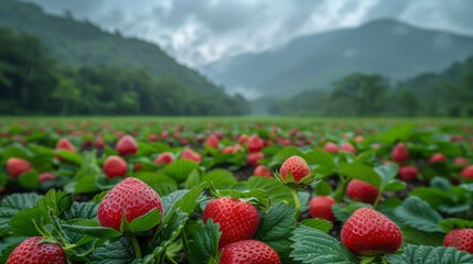 Strawberry field with mountains in the background, under an overcast, cloudy sky