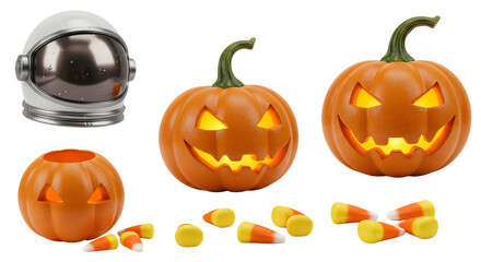 A festive Halloween scene featuring glowing jack-o'-lanterns, candy corn, and a reflective astronaut helmet, evoking holiday spirit