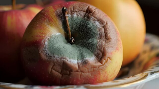 Moldy apple with green fuzz and wrinkles on a decorative plate