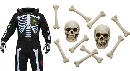 A Halloween-themed costume featuring a skeleton suit, surrounded by decorative skulls and bones, set against a neutral backdrop