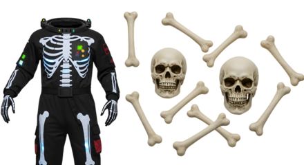 A Halloween-themed costume featuring a skeleton suit, surrounded by decorative skulls and bones, set against a neutral backdrop