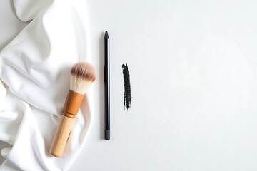 Makeup brush, eyeliner pencil and swatch on white background for beauty and cosmetics product photography 
