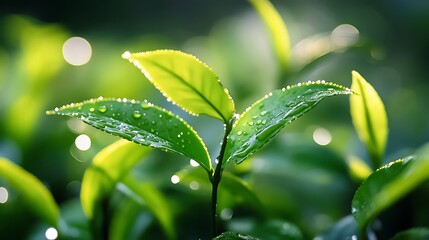 Green Leaves with Water Droplets Sparkling in the Sunlight