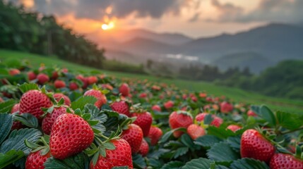 Rows of strawberries growing on a hillside farm at sunrise, with mountains in the hazy distance